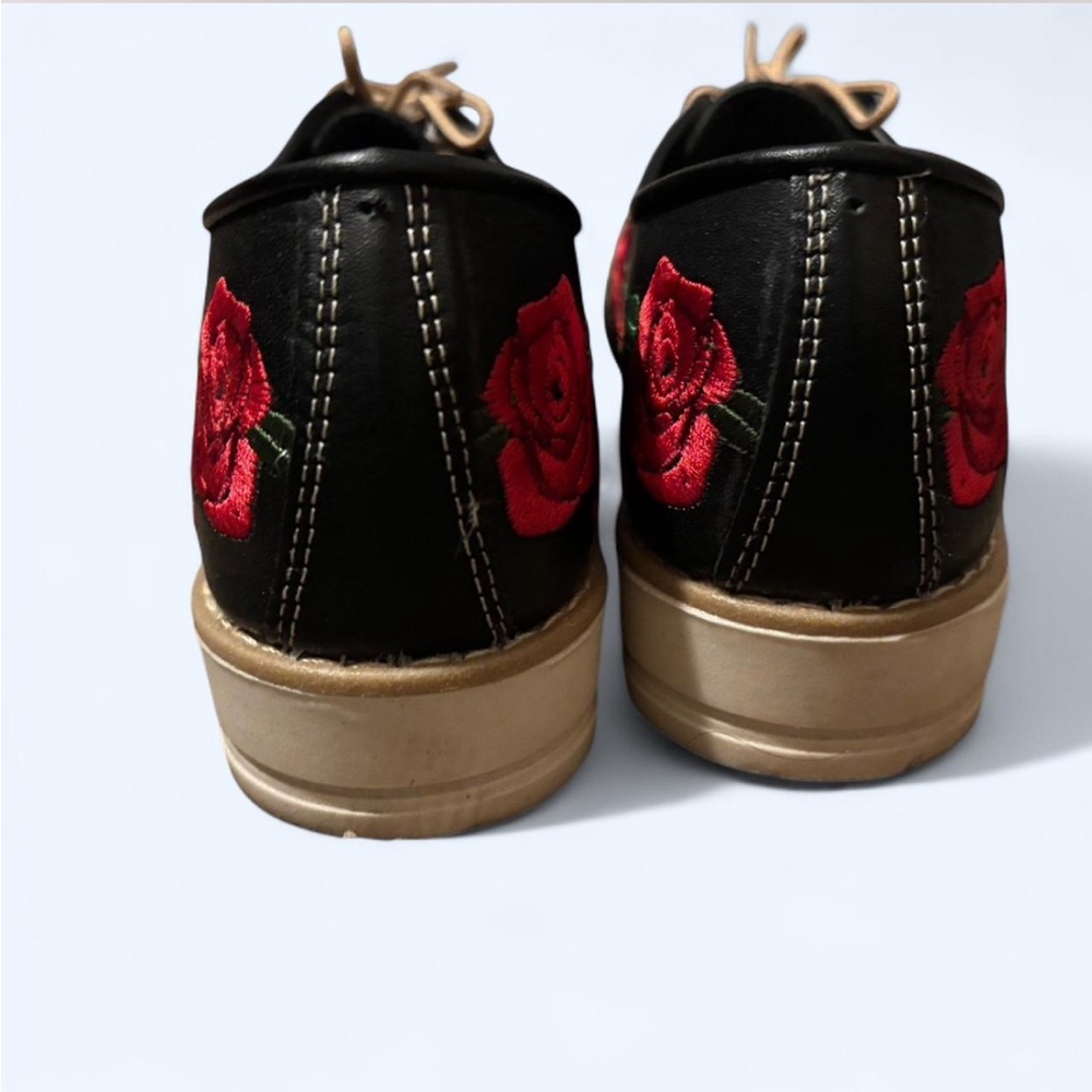 Black Leather Oxford Huaraches  with Embroidered red roses. - Picture 4 of 4